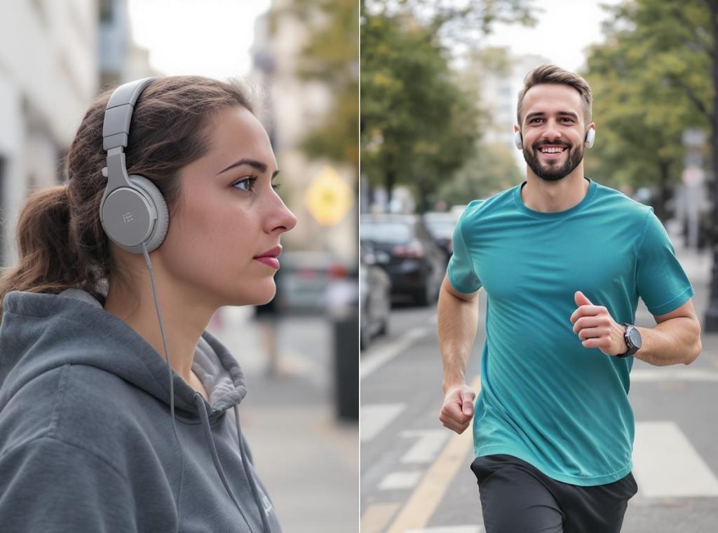 Safety comparison showing environmental awareness with bone conduction vs traditional headphones