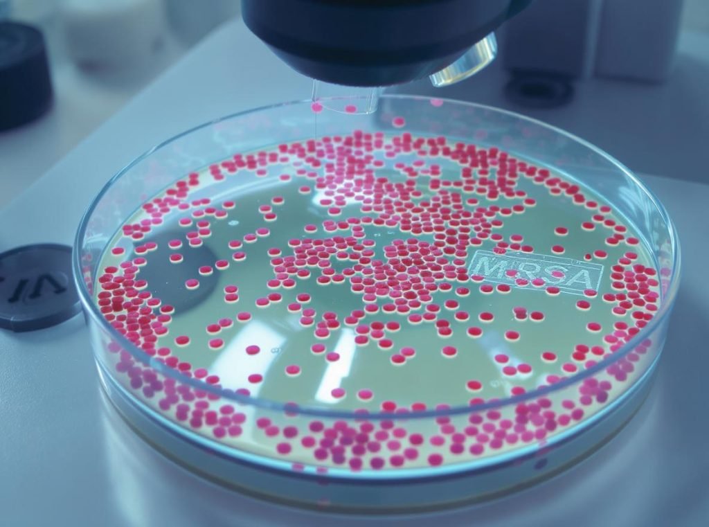 MRSA bacteria in petri dish showing serious diseases transmitted through shared earbuds