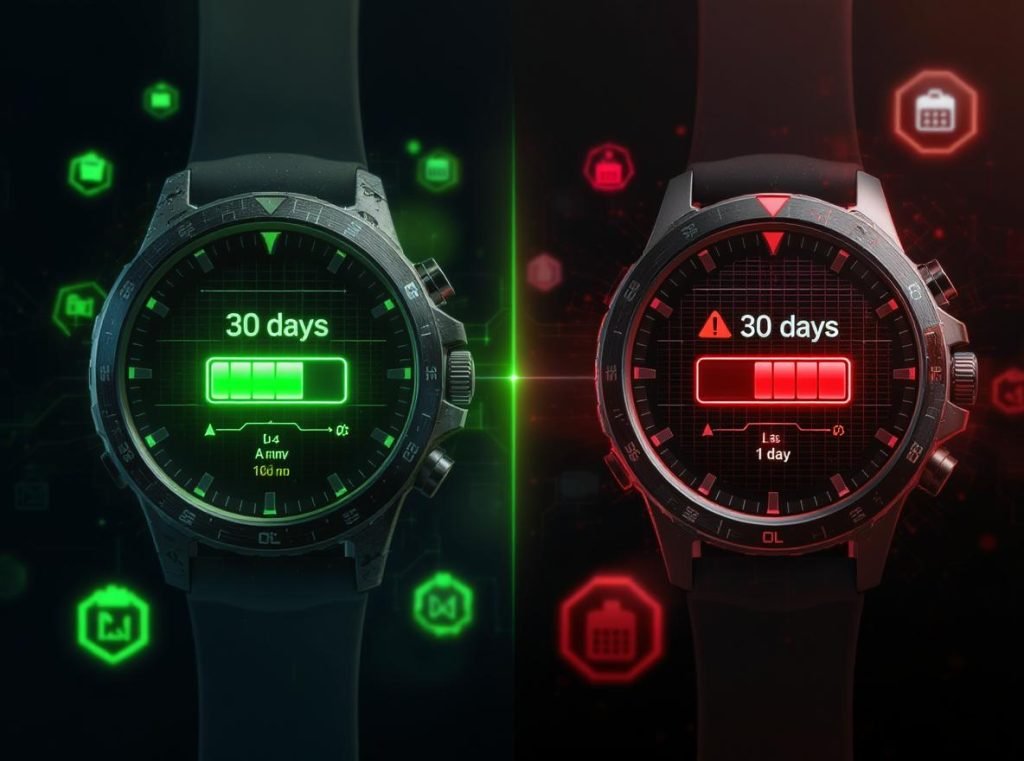 Battery life comparison showing rugged smartwatch 30-day vs standard smartwatch 1-day performance