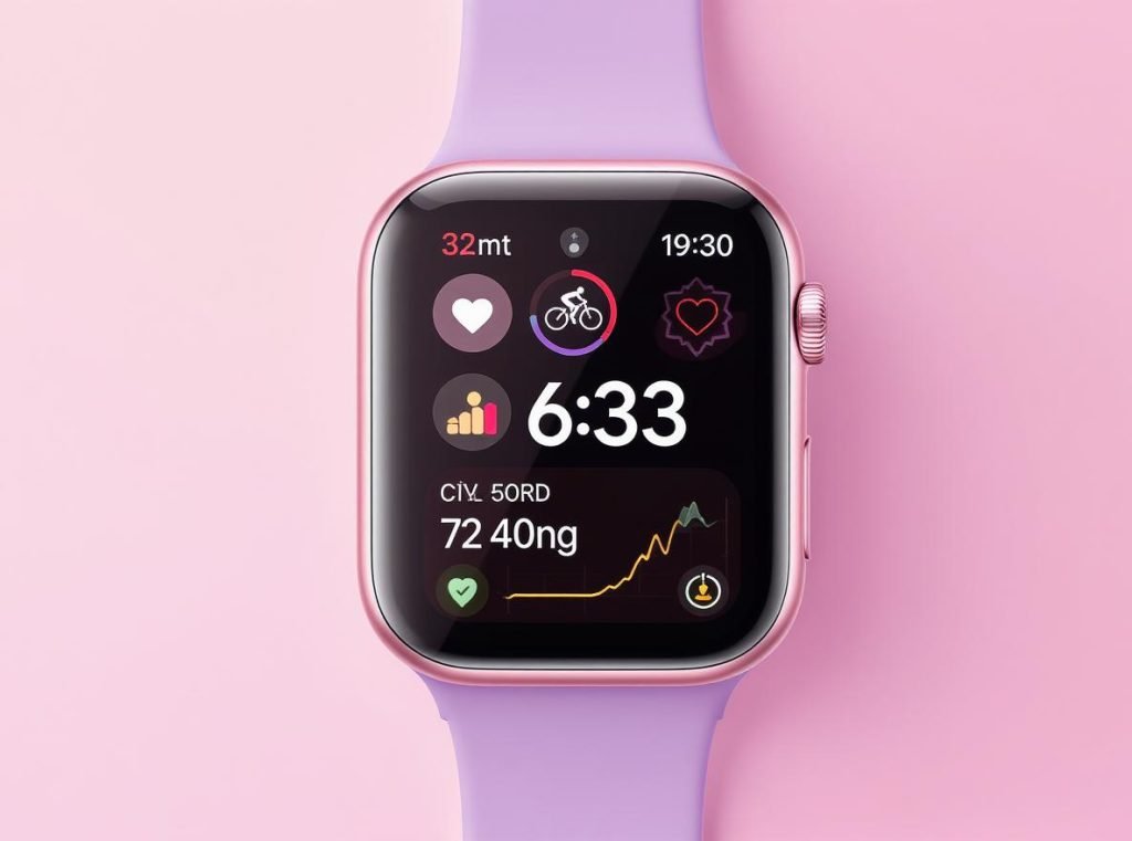 Women's smartwatch displaying health tracking features including menstrual cycle and wellness monitoring