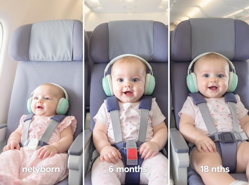 Different age babies wearing appropriate hearing protection on airplane by development stage