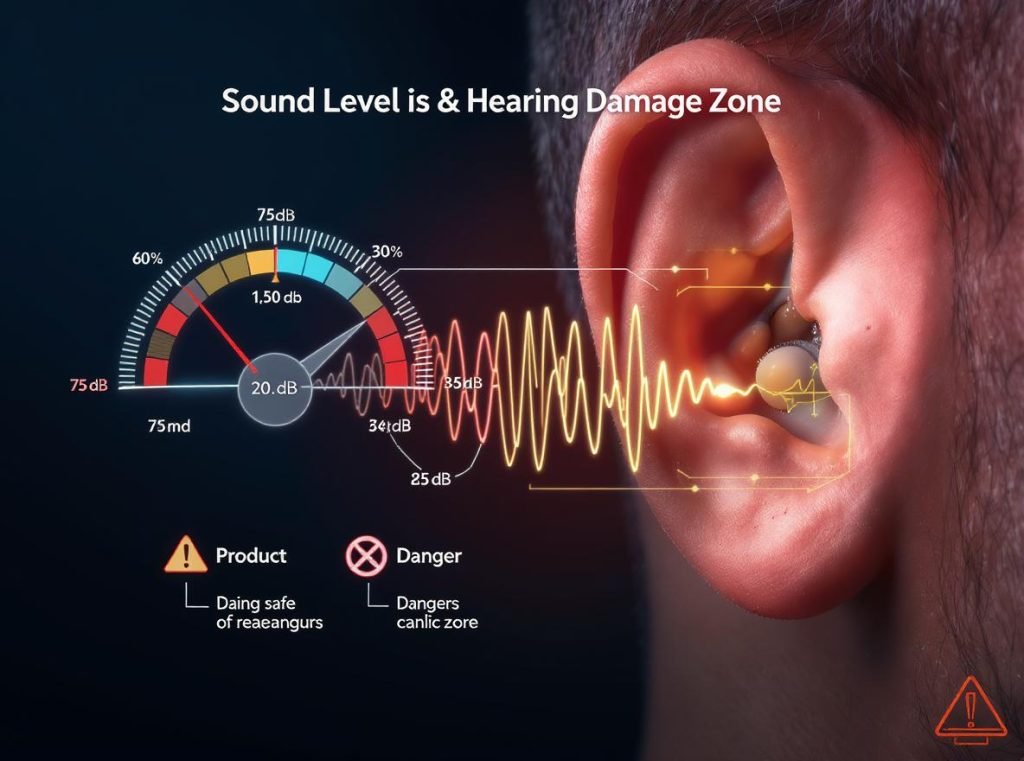 Hearing damage prevention infographic showing 75dB safe vs 85dB dangerous sound levels with earbud placement