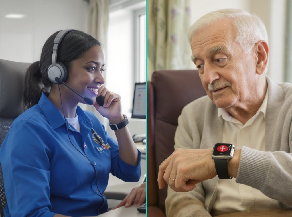 Professional medical monitoring service responding to smartwatch emergency alert from senior