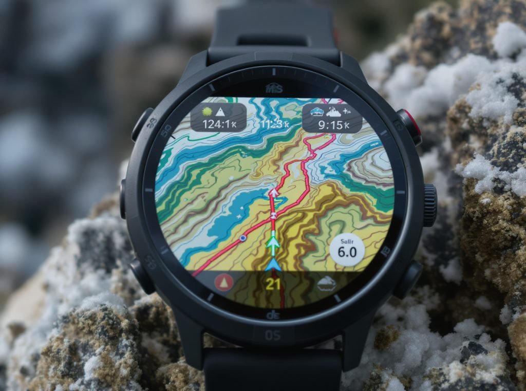  GPS smartwatch displaying essential hiking features including topographic maps and ABC sensors