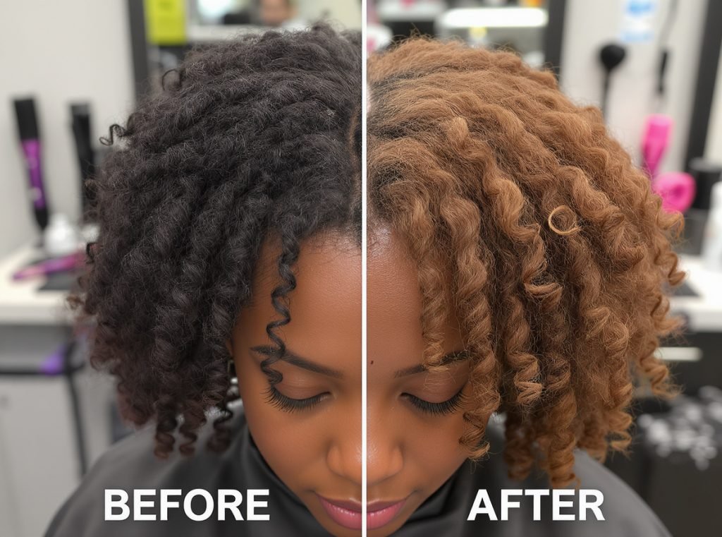 Before and after comparison of permed hair showing headphone damage to curls
