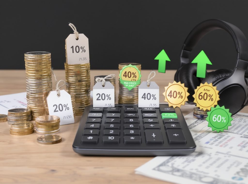 Headphone savings calculator showing 20-60% discounts on popular models