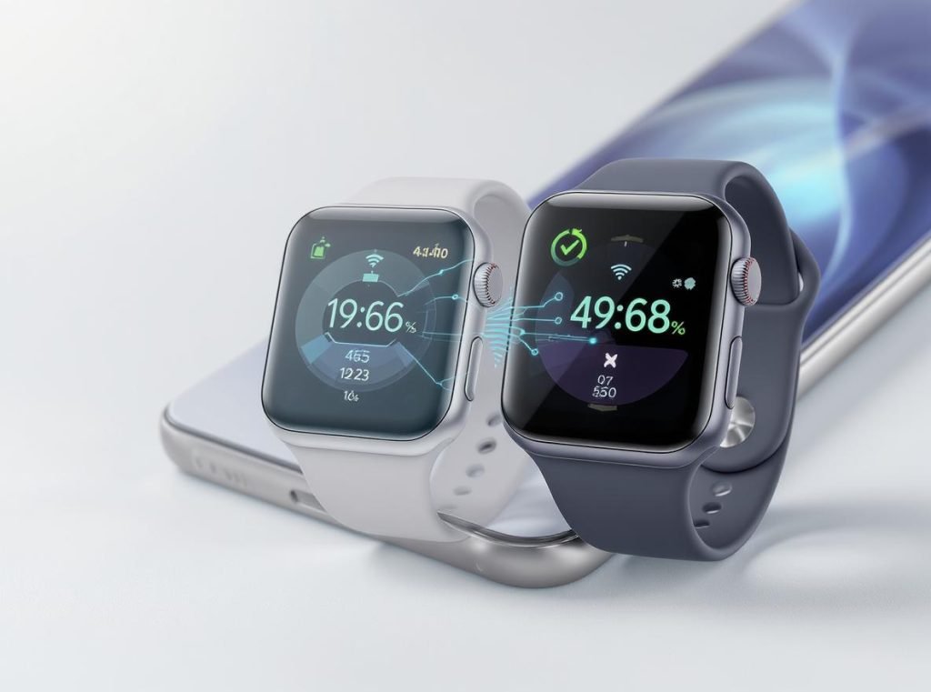Legitimate smartwatch CGM integration showing Apple Watch, Samsung Galaxy Watch with Dexcom sensor