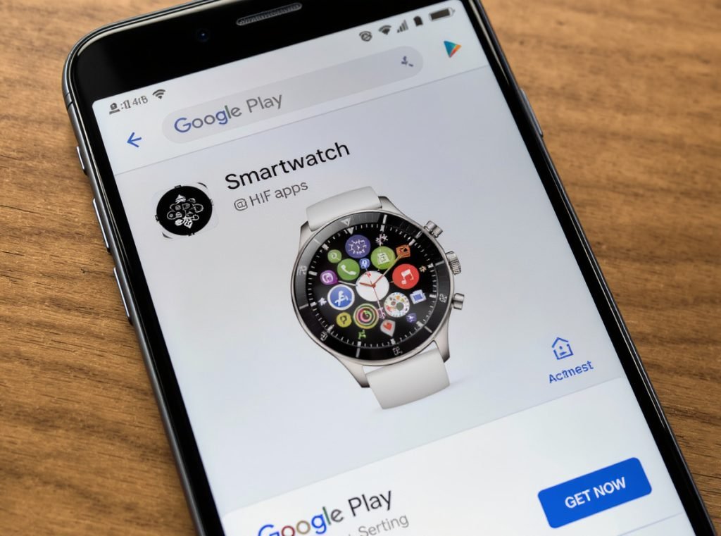 Android phone showing smartwatch companion apps in Google Play Store