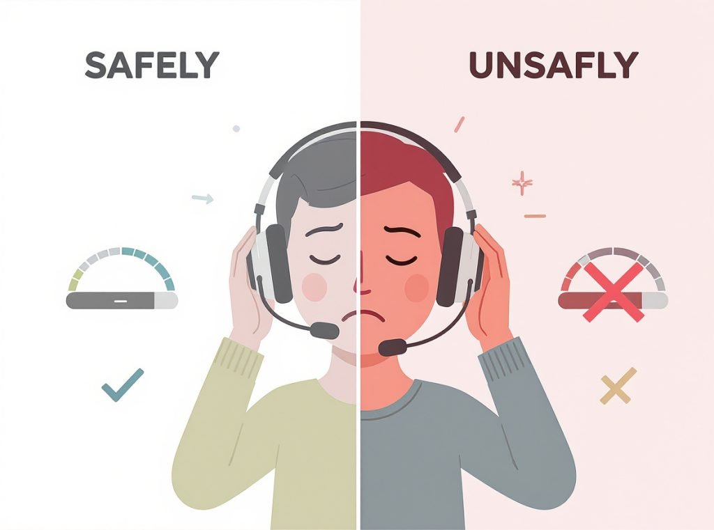 Comparison of safe vs unsafe headphone use showing tinnitus risk factors