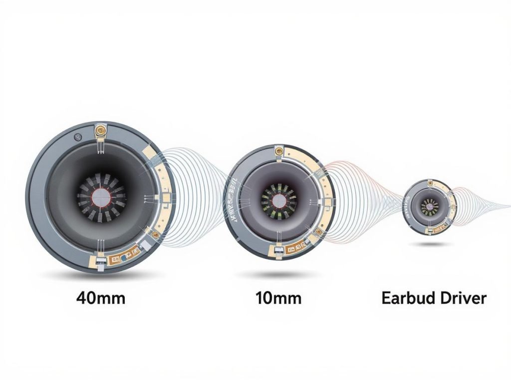 Audio driver size comparison showing headphone, earphone, and earbud internal components