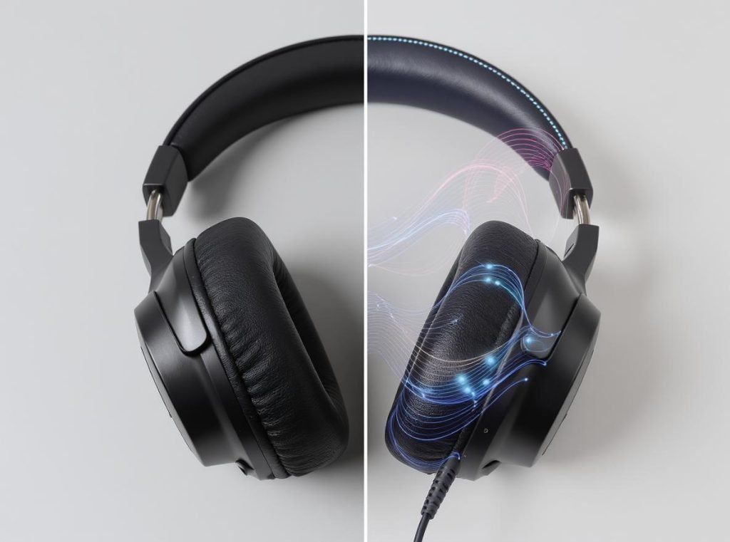 Comparison showing active noise cancellation electronics versus passive noise isolation padding