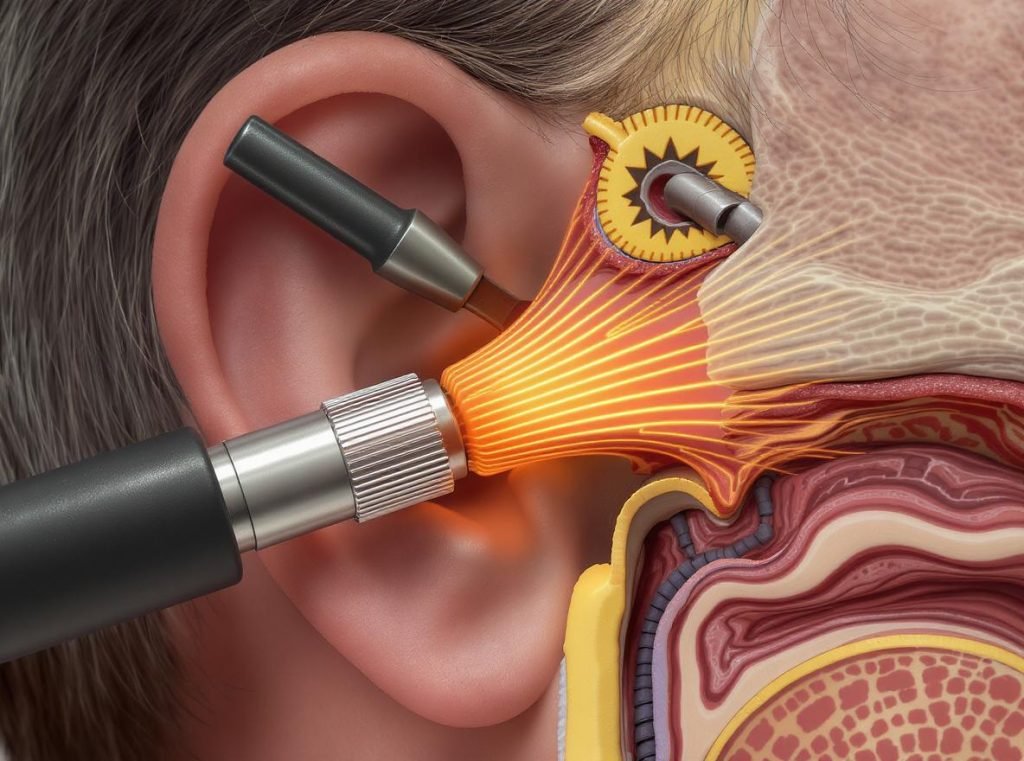 Technical illustration showing bone conduction vibration transfer to inner ear