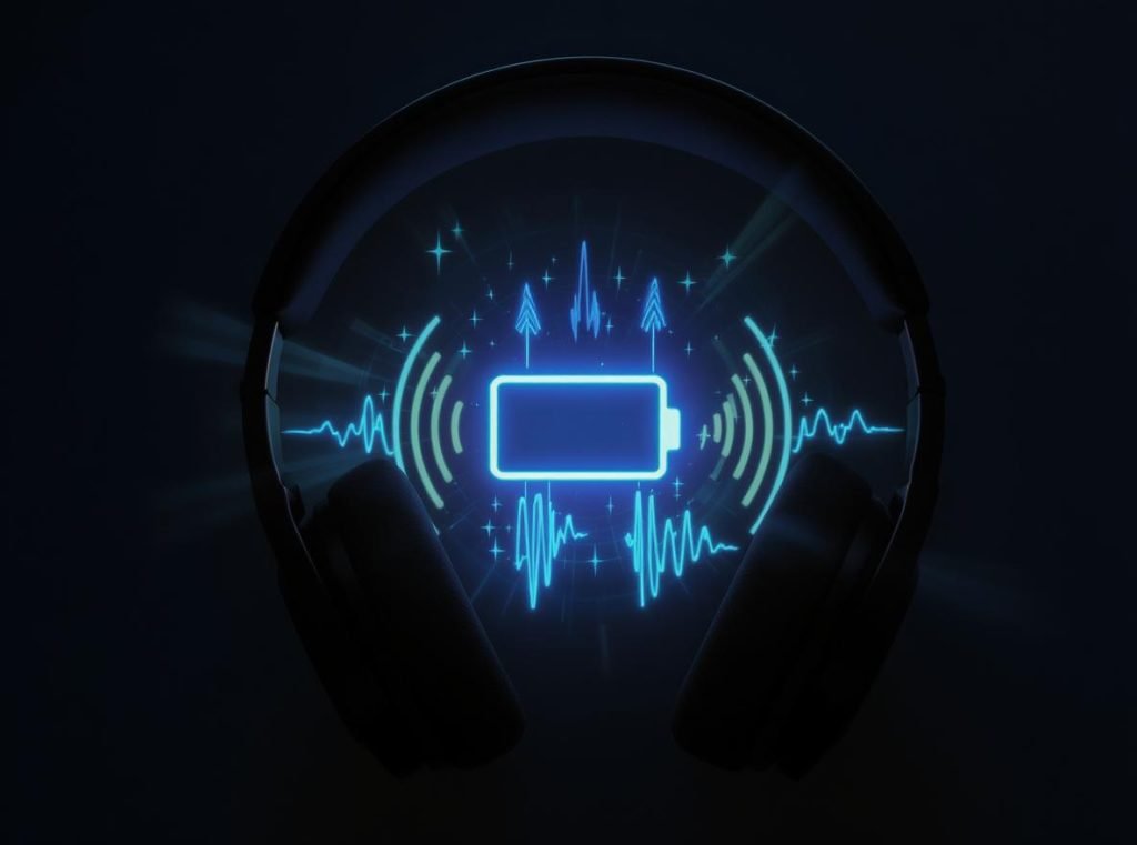 Wireless headphones in pairing mode with LED indicator and signal broadcast
