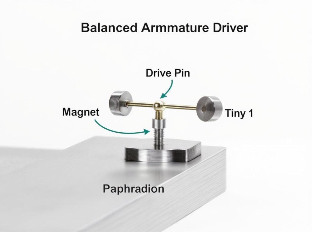Balanced armature driver diagram showing armature pivot mechanism between magnets