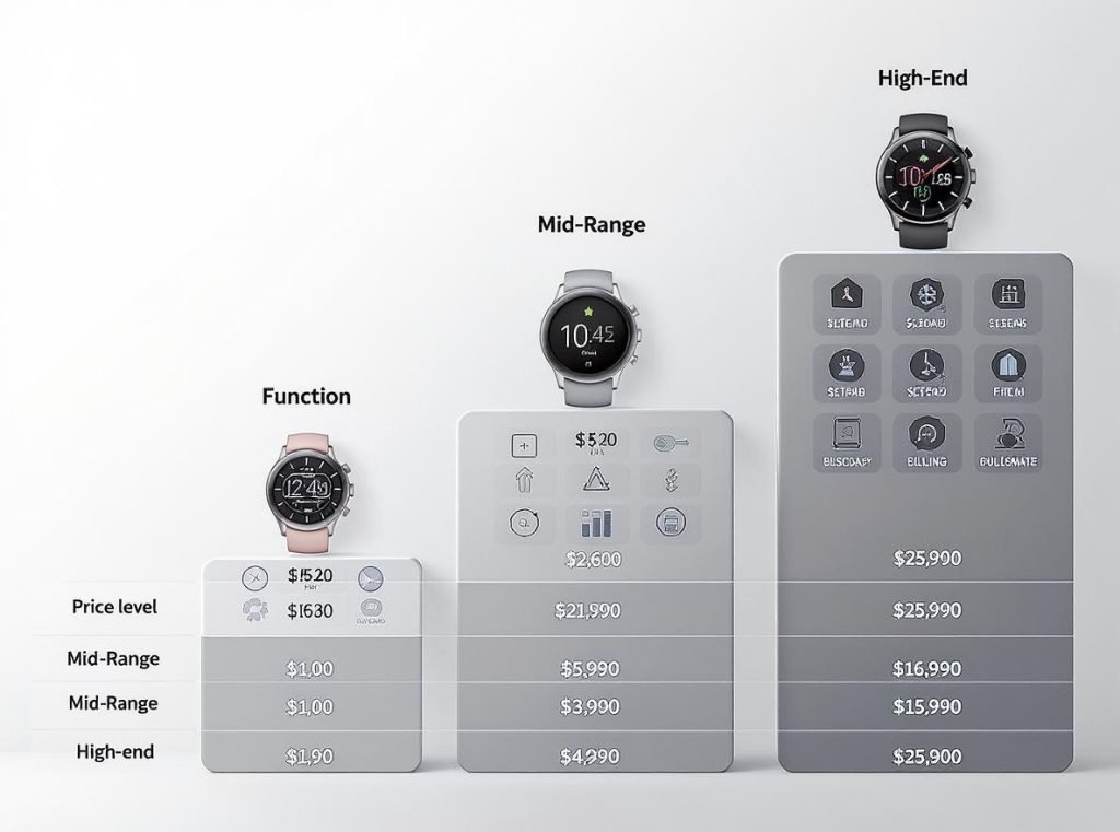 Smartwatch price range comparison showing budget, mid-range, and premium health monitoring features and capabilities