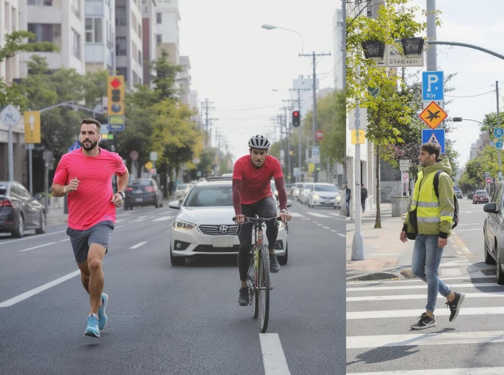 Safety scenarios showing transparency mode benefits for runners, cyclists, and pedestrians