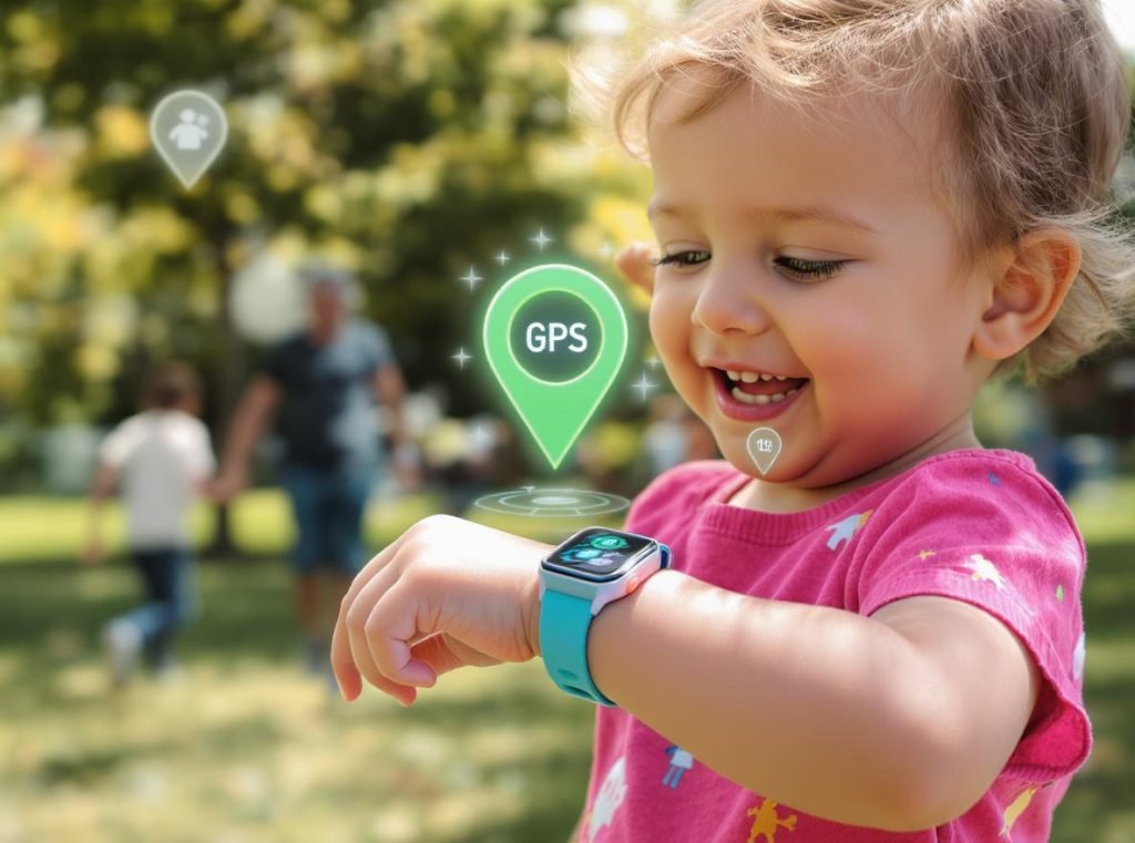 Child wearing smartwatch outdoors showing safety and GPS tracking benefits