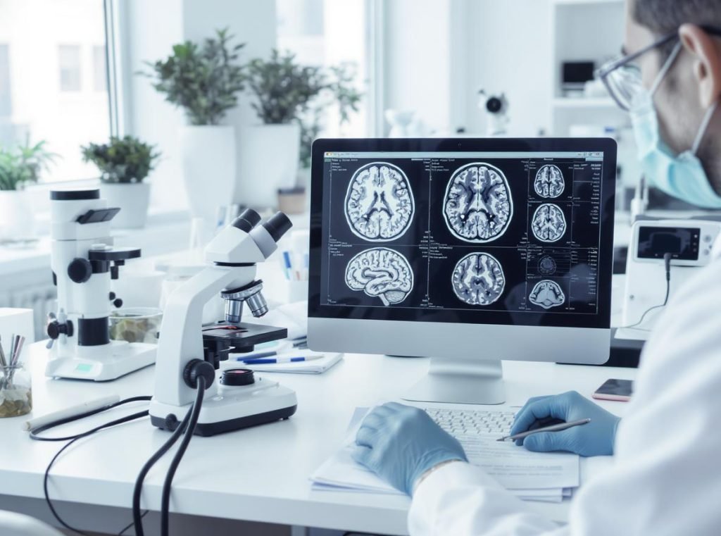medical researcher examining brain health studies related to wireless device safety in laboratory