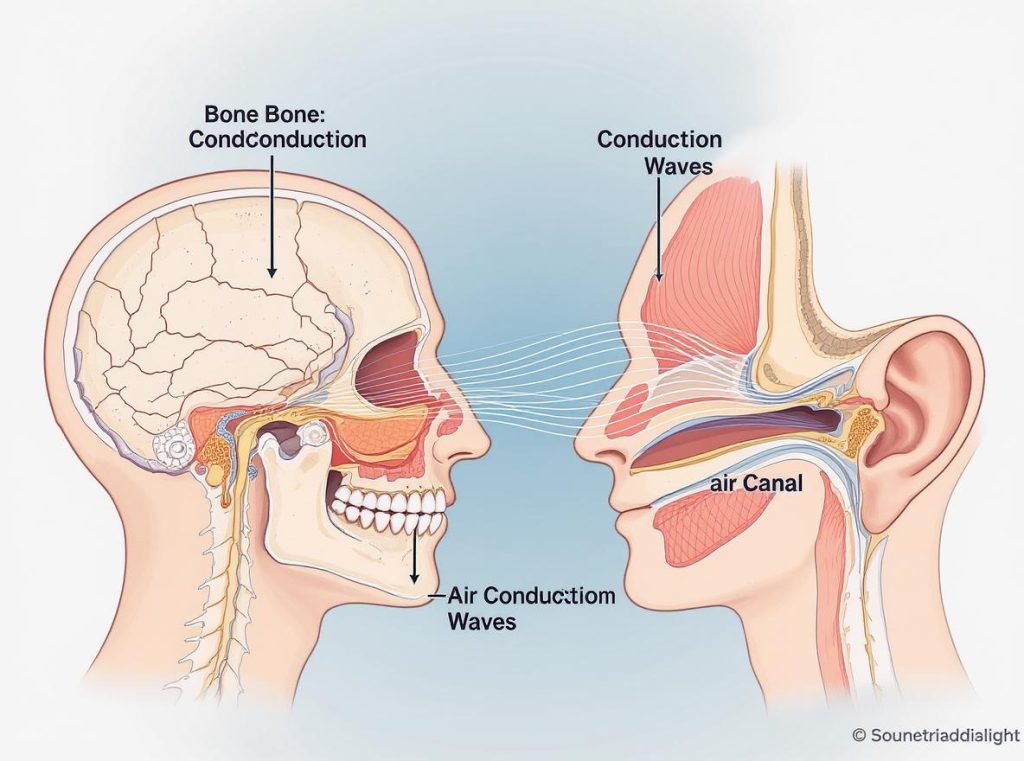 Scientific diagram showing bone conduction vs air conduction sound pathways for hearing protection