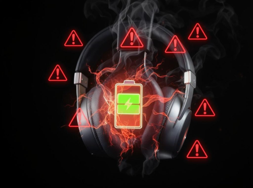 Warning signs of dangerous headphones including battery swelling overheating and damage