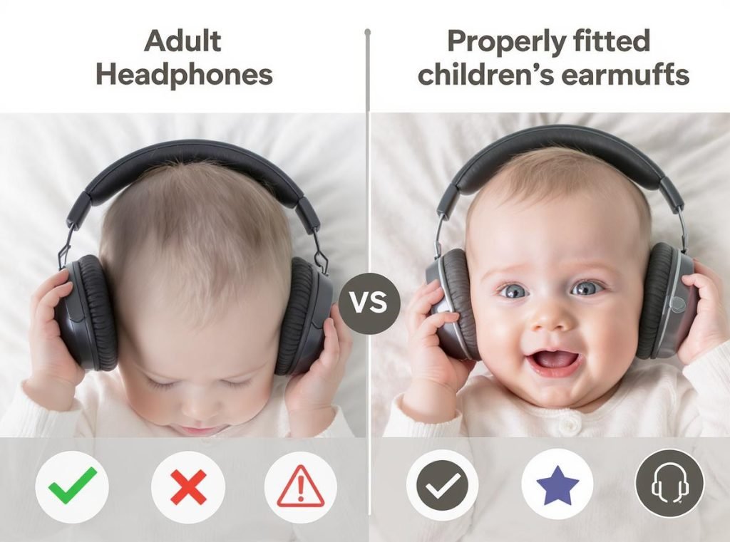 Comparison of unsafe adult headphones versus safe baby hearing protection showing proper fit