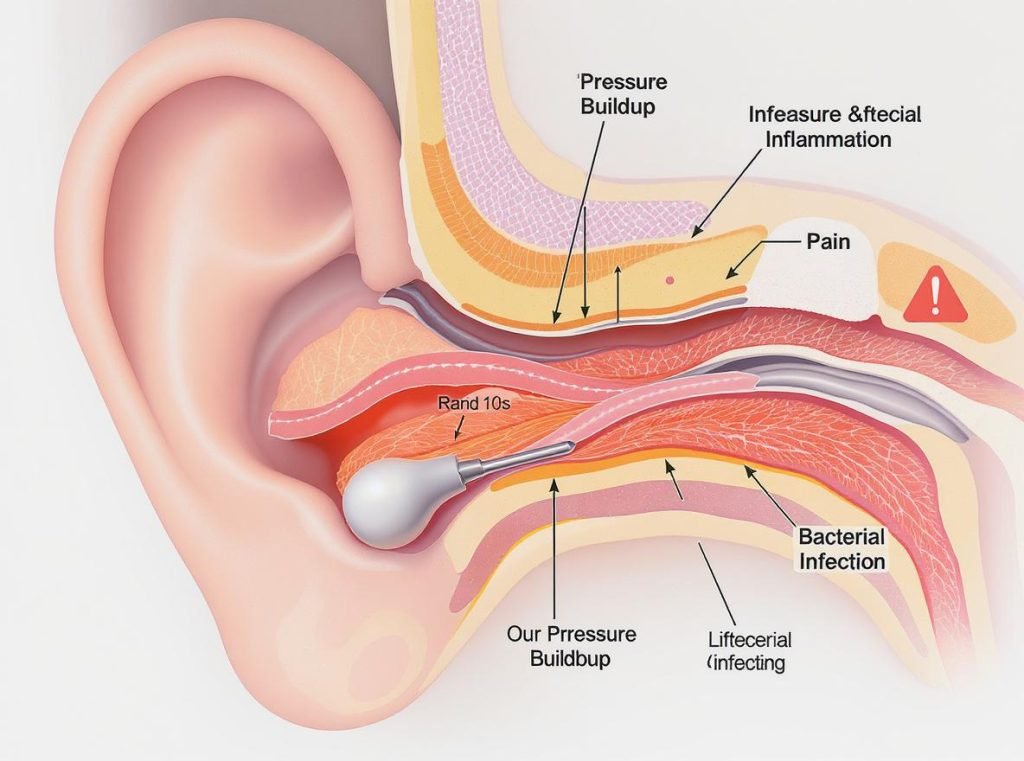 Medical diagram showing ear canal damage from over-inserted earbuds including pain and infection risks