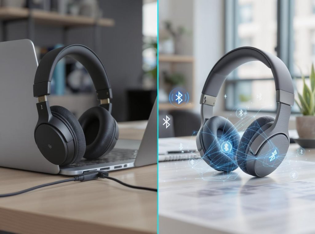 Comparison between wired and wireless headphones for professional call quality and connectivity