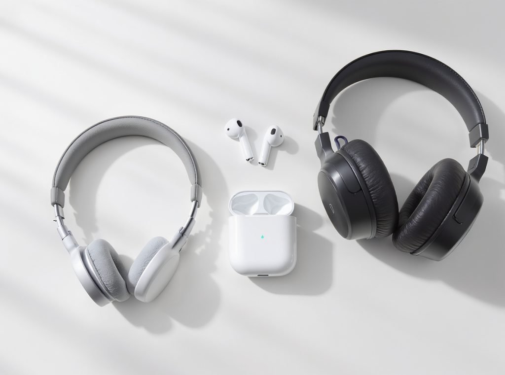 Collection of hair-safe headphone types including bone conduction and wireless earbuds