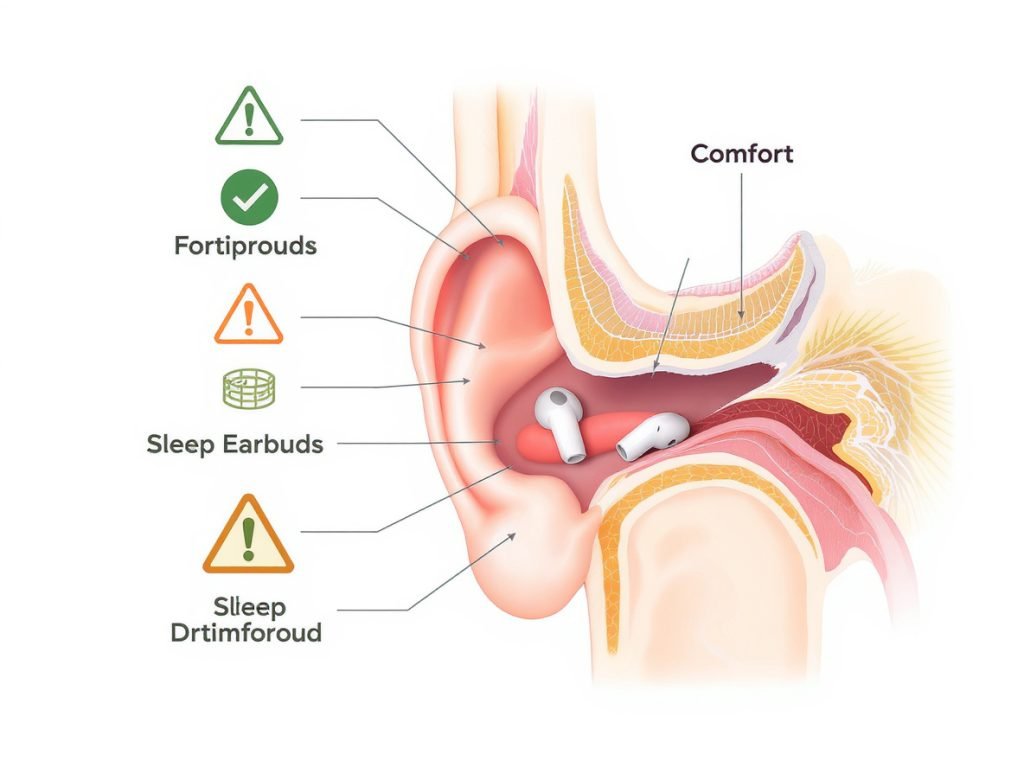 Medical diagram showing safe sleep earbud positioning for overnight wear