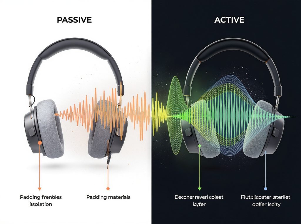 Passive vs active noise isolation comparison showing different noise cancellation methods