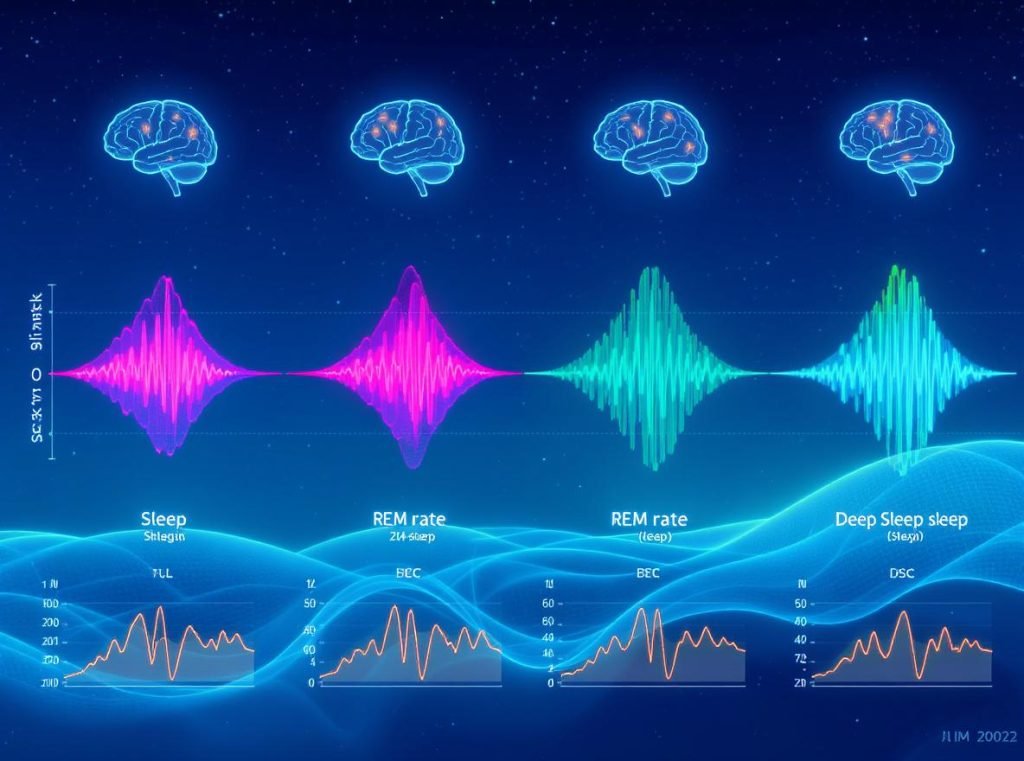 Sleep stages identification technology showing REM, deep sleep, and light sleep patterns