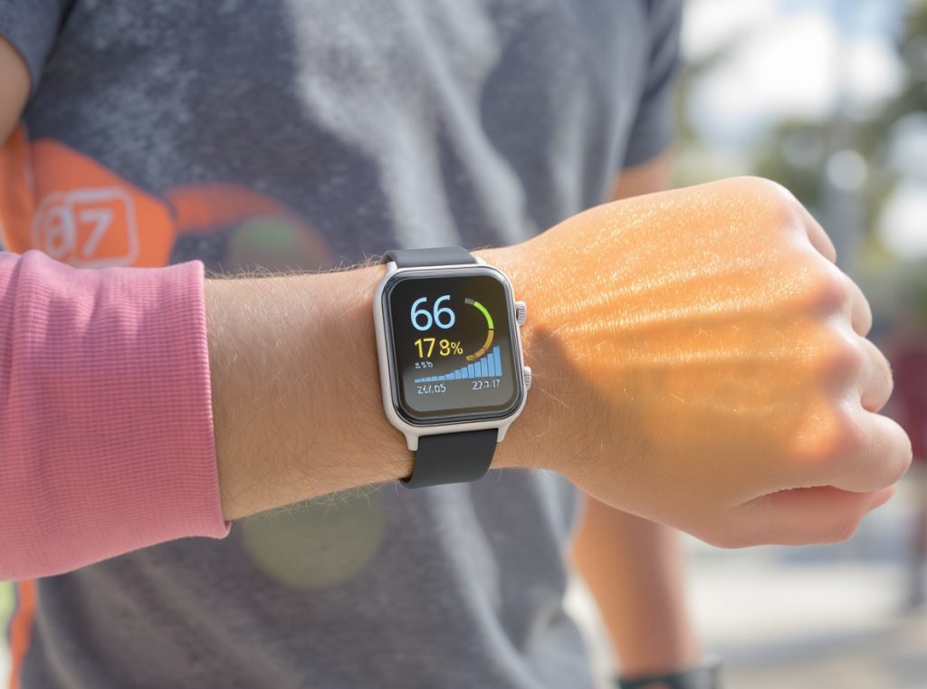 Active person using smartwatch for glucose monitoring during exercise