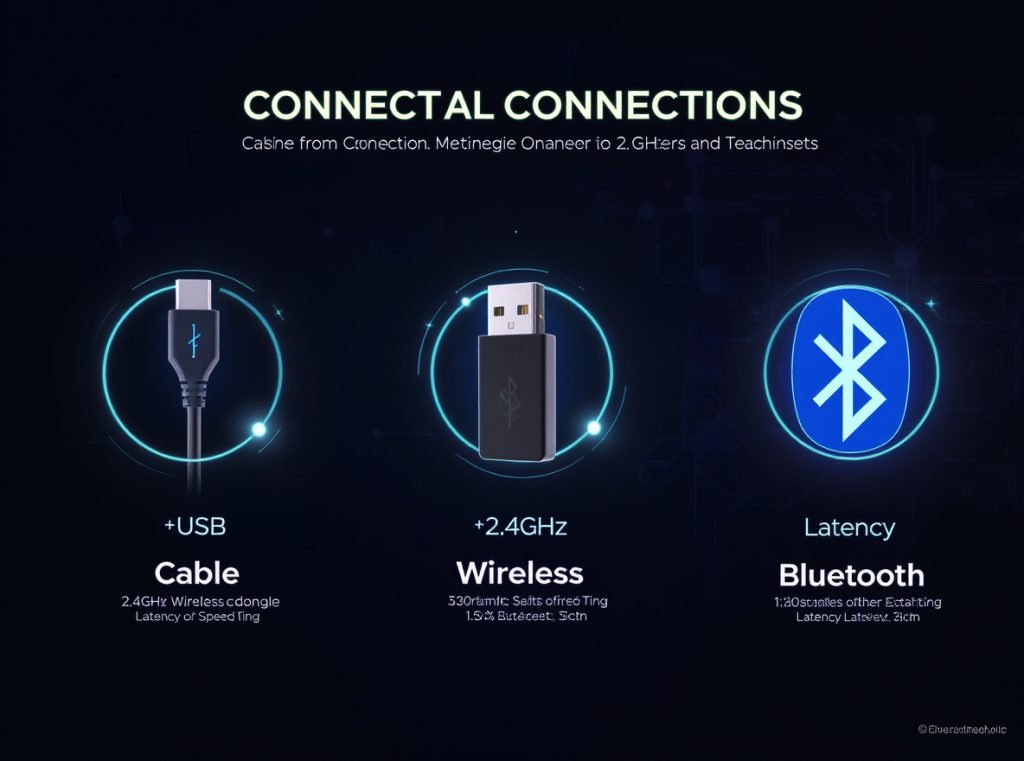 Gaming headphone connection types showing 2.4GHz wireless, Bluetooth, and wired latency specs