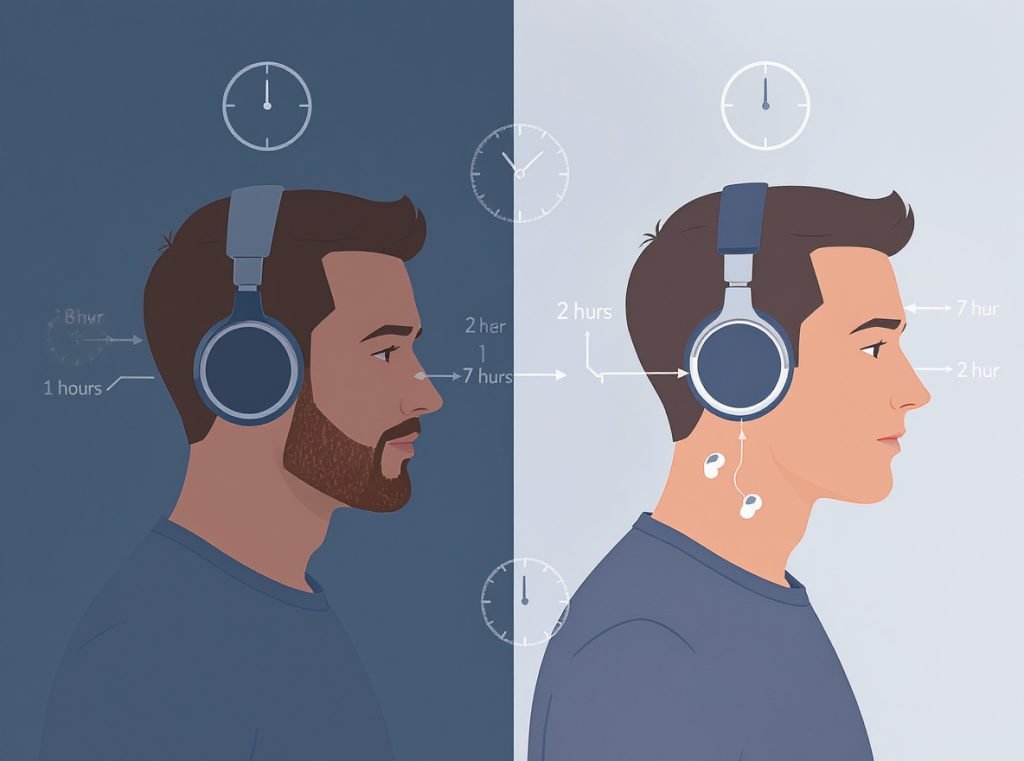 Comfort comparison showing long-term wearing comfort of headphones vs earbuds