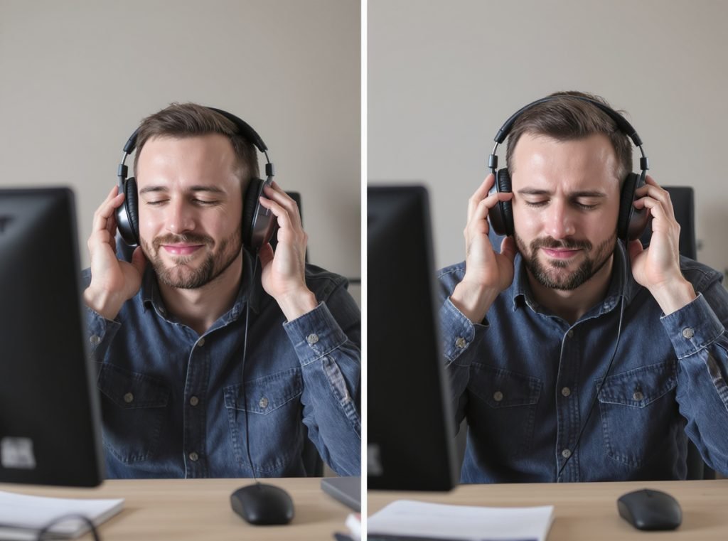 Comfort comparison showing person wearing over-ear vs on-ear headphones for extended periods