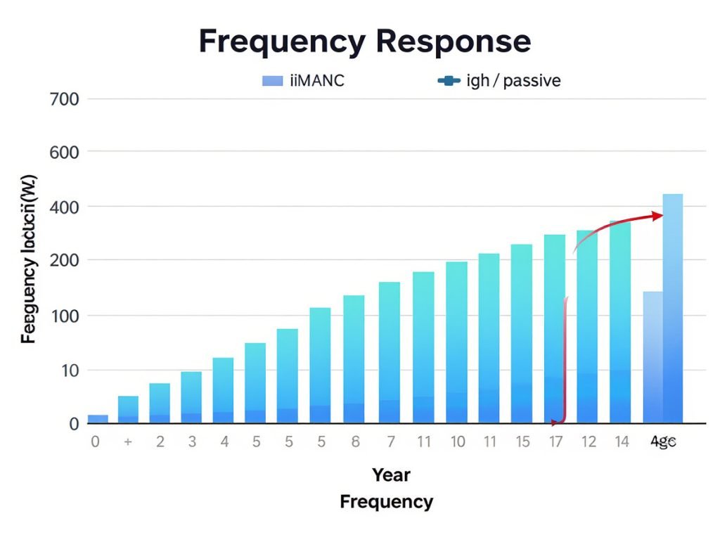 Frequency response comparison chart showing noise reduction effectiveness of ANC versus passive isolation