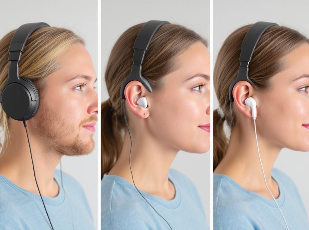 Person demonstrating comfortable wearing positions for headphones, earphones, and earbuds