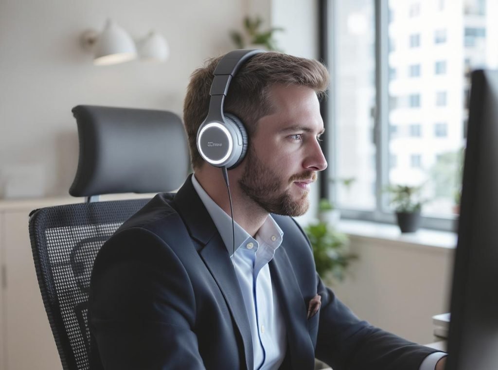 Business professional using bone conduction headphones for comfortable video conferencing