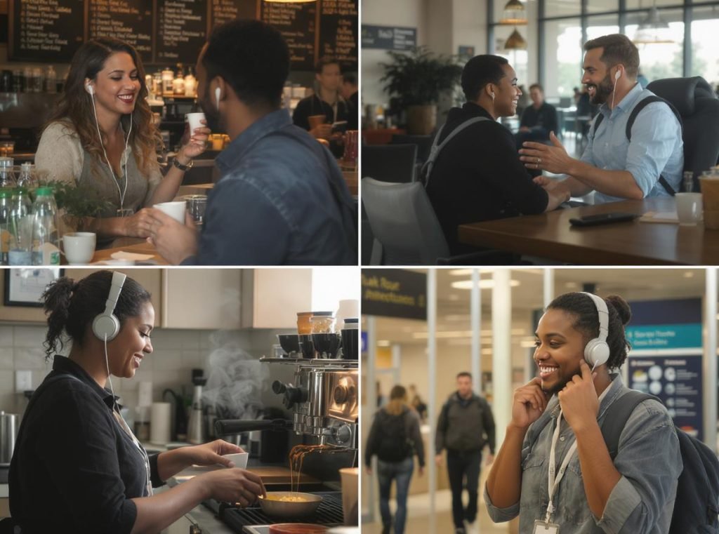 Daily lifestyle scenarios showing transparency mode convenience for social interactions and activities