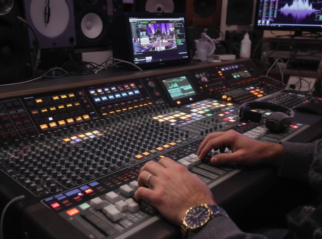 Audio engineer creating personalized in-ear monitor mixes at professional mixing console