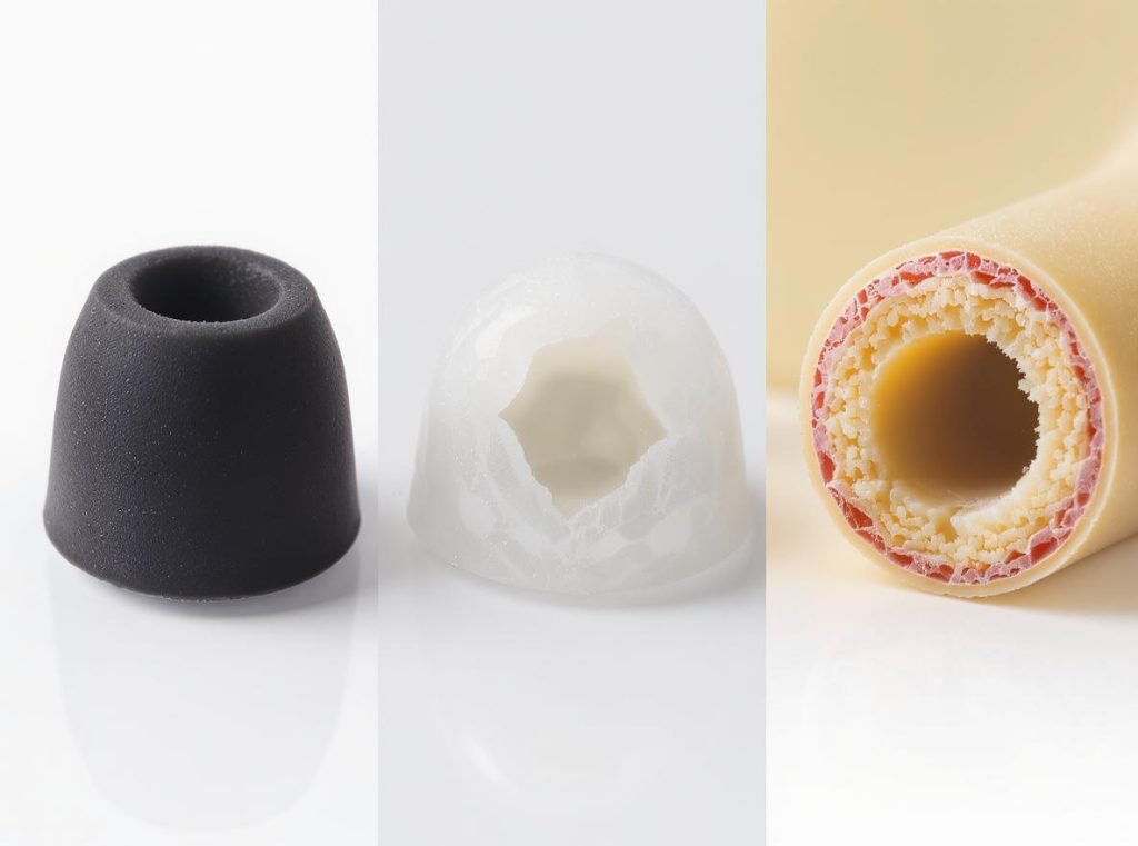 Close-up comparison of silicone, foam, and hybrid earbud tip materials
