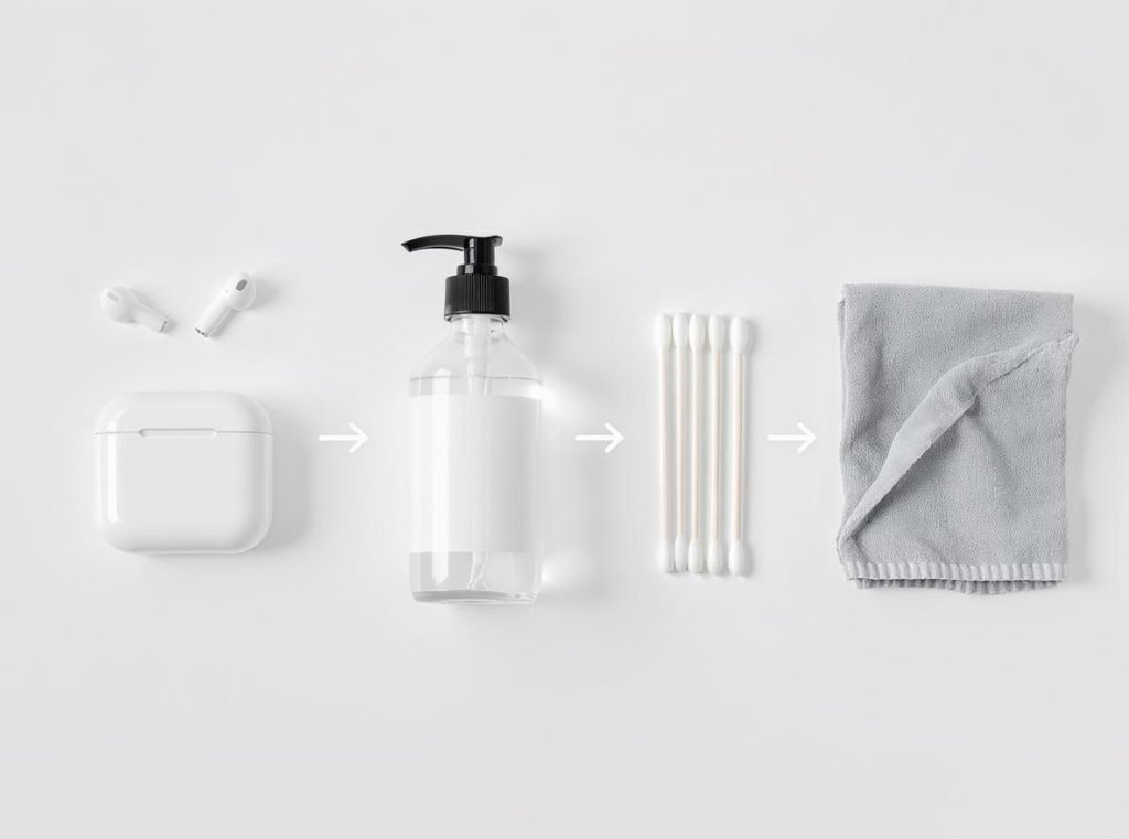 Essential supplies for proper earbud cleaning including alcohol, cotton swabs, and cloth