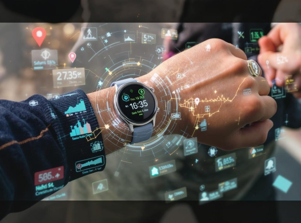 Fitness enthusiast using smartwatch and smart ring for workout tracking