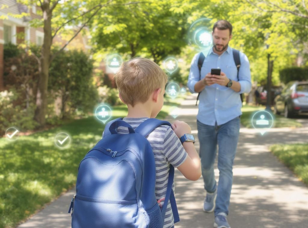 Child walking independently while parent tracks location via smartwatch app