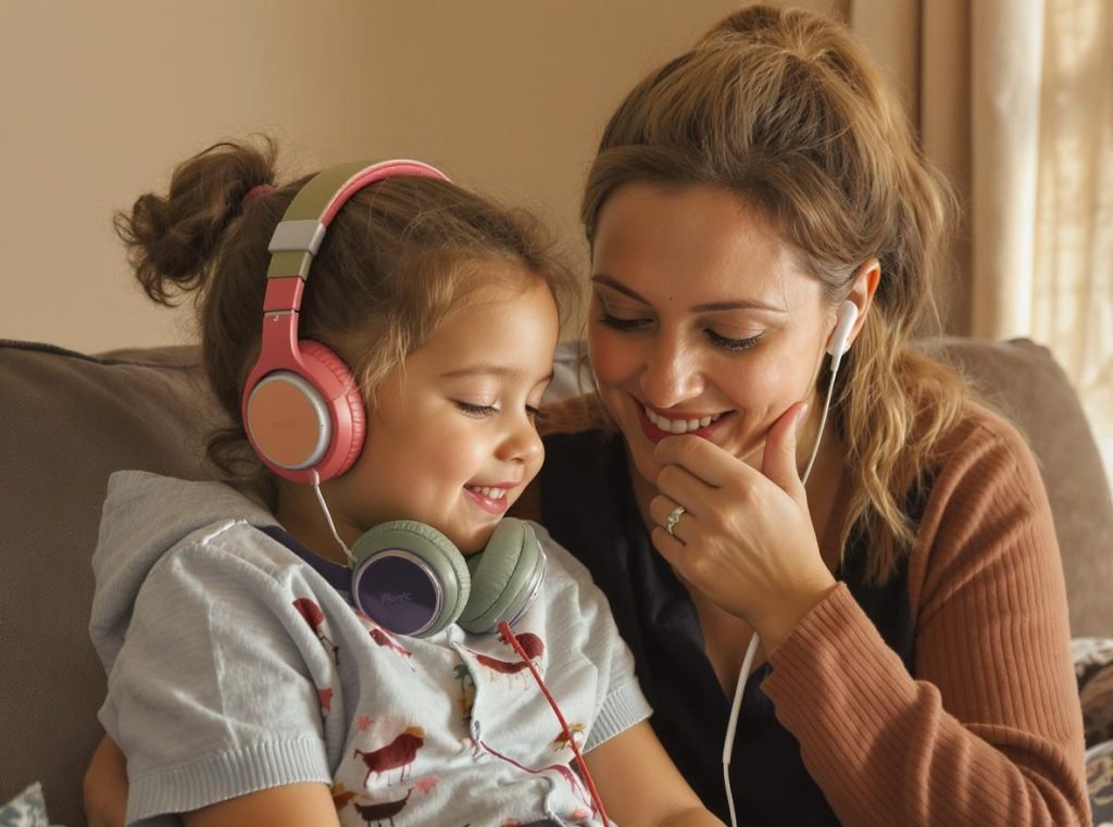 mother and child using different types of headphones showing special safety considerations for families