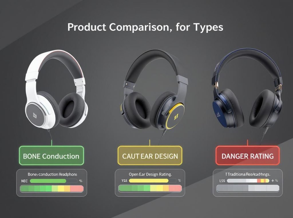 Headphone safety comparison showing bone conduction, open-ear, and traditional headphones with safety ratings