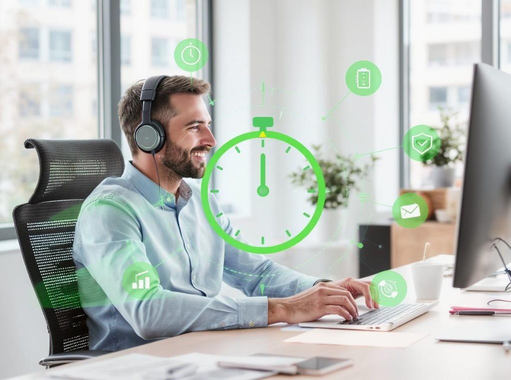 Office professional using noise-cancelling headphones safely for daily work with time management icons