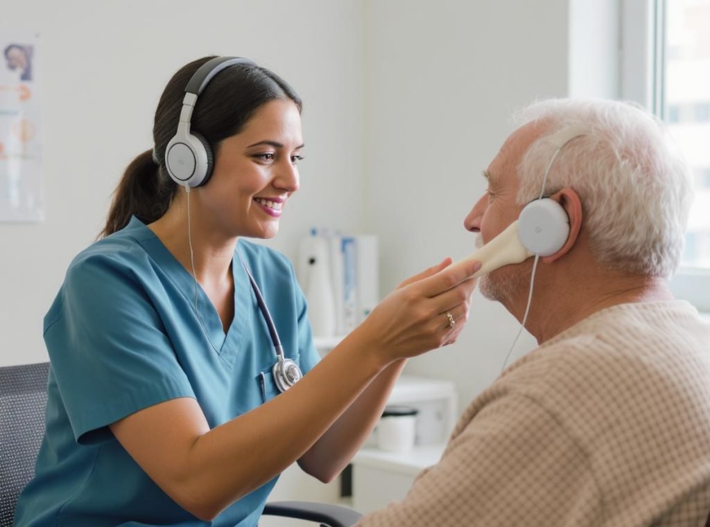 Healthcare professional showing bone conduction headphones to patient with hearing impairment