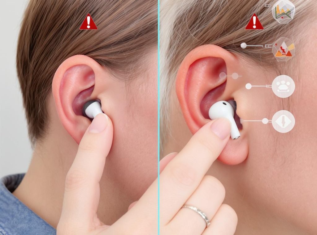 Visual guide showing warning signs and symptoms of too-deep earbud insertion