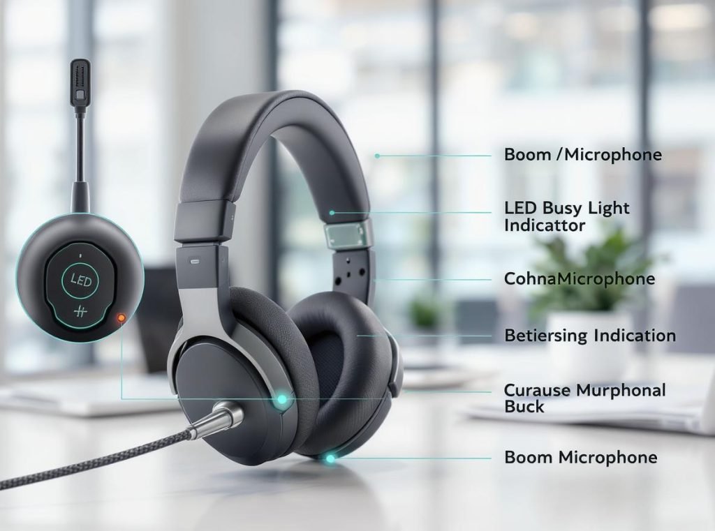 Professional business headphones showing mute button, busy light, and microphone boom features